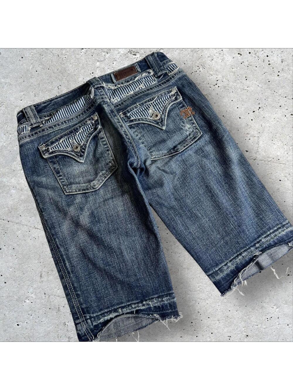 Miss Me Women's Distressed Embellished Blue Stripes Jeans Denim Capri Shorts